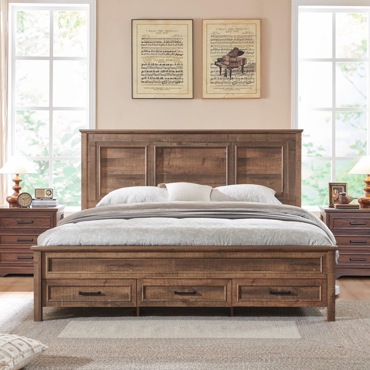 ACCOHOHO Farmhouse Queen Size Bed Frame with 52" Tall Full-Panel Headboard, Wood Platform Bedframe with Footboard and Storage Drawers, No Squeak, No Box Spring Needed, Light Brown ACCOHOHO