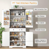 ONBRILL 71" Tall Farmhouse Kitchen Pantry with 6 Door Shelves & Drawer, Wood Pantry Storage Cabinet with 2 Adjustable Shelves & 4 Barn Doors, Freestanding Cupboard for Kitchen, Dining Room, White ONBRILL