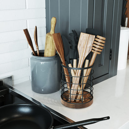 WILDMOS Utensil Holder for Kitchen Counter,Black Wire with Wooden Base Countertop Utensil Holder, Large Wooden Cooking Utensil Holder, Kitchen Utensil Organizer.