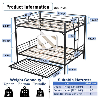 UOCFYK King Over King Bunk Bed with Trundle, Heavy-Duty Metal Bunkbed with Ladders & Full-Guardrail for Kids/Teen/Adults, Noise-Free Wood Slats, Space Saving, No Box Spring Needed, Black