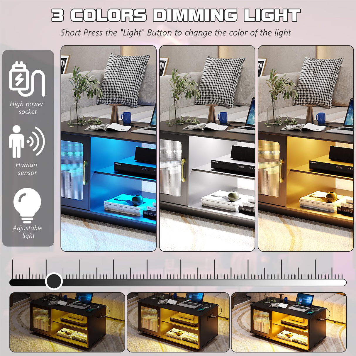 Lvifur 43'' Coffee Table with LED Lights & Charging Station, 3 Color Dimmable Auto Sensor Dining Table with 2 Storage Shelf and 1 Drawer,Farmhouse Center Table for Living Room(Black) Lvifur