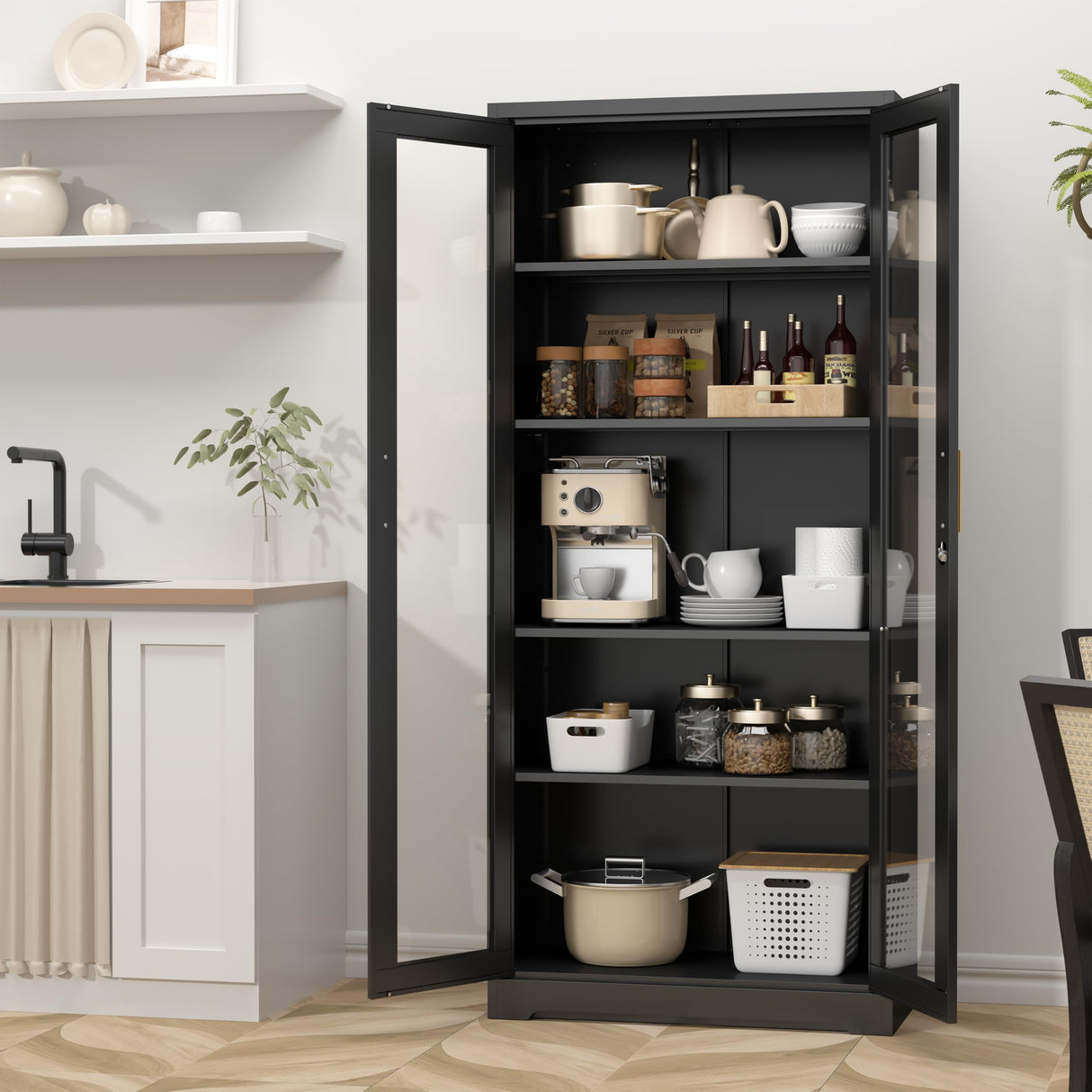 SteeLoong 71" Glass Display Cabinet with Lock,Curio Cabinet with Glass Doors, Metal Display Case with 4 Adjustable Shelves, Black Bookcase Locking Storage Cabinets for,Liquor,Commercial SteeLoong