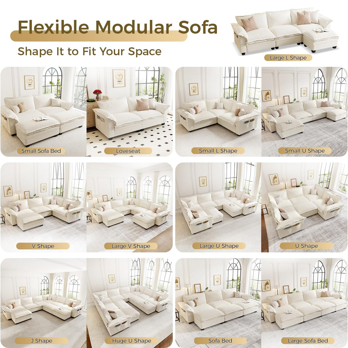 KKL J-Shaped Modular Sectional Sofa, 5 Seater Cloud Couch with Ottoman, Chenille Sectional Couches for Living Room, Apartment, Beige KKL