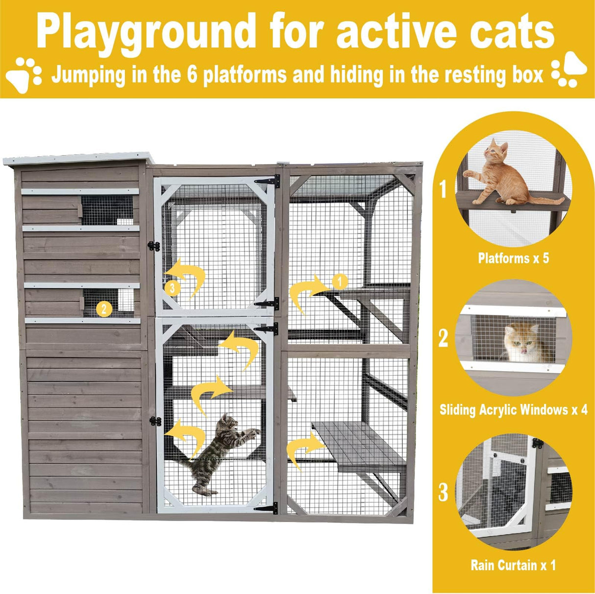 Gowoodhut Large Outdoor Catio Enclosures - Wooden Cat House Weatherproof with Multi Platforms & Weather Resistant Roof, Indoor Interoperability - 71" H 77" L Gowoodhut