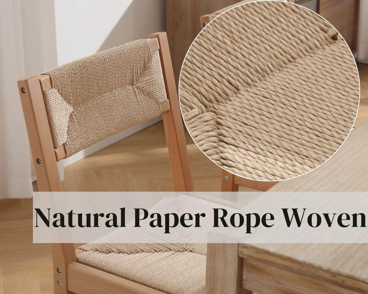 Mid Century Modern Rattan Dining Chairs Set of 2, Natural Beechwood Kitchen Chairs Farmhouse Woven Dining Room Chairs, Armless Boho Cane Wicker Chair Wooden Dining Chairs with Weave Hemp Seat and Back LIVINOVA