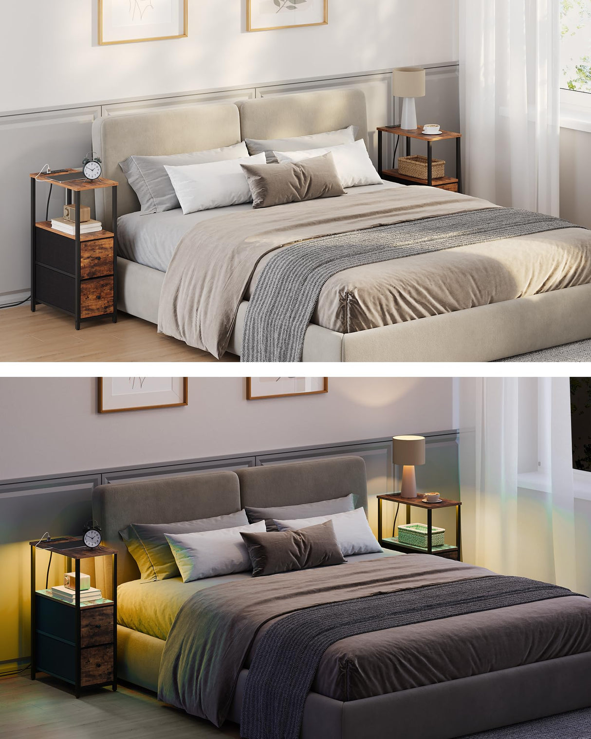 TUTOTAK Small Narrow LED End Table with Charging Station, Side Table Outlets, Nightstand with 2 Cloth Drawers, Set of 2, Couch Table, for Living Room, Bedroom, Bedside, Brown TB01BB056 TUTOTAK