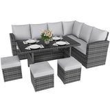 IDEALHOUSE 7 Pieces Outdoor Dining Set,Patio Sectional Sofa Conversation Set All Weather Wicker Rattan Couch Dining Table & Chair with Ottoman (Grey Rattan + Grey Cushions) IDEALHOUSE