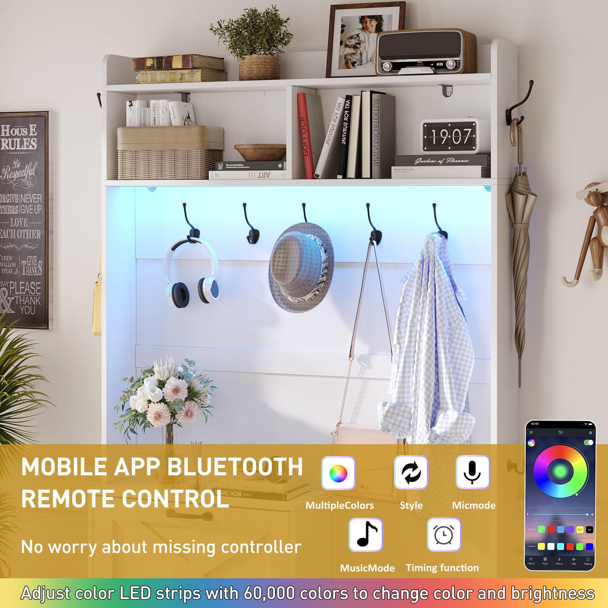 Maupvit Entryway Hall Tree with Bench and Shoe Storage, 5-in-1 Narrow Hall Tree with LED Light, Cushioned Stool & 9 Hooks, 2 Flip Drawers, 78" Coat Shoe Rack for Mudroom, Hallway, Living Room, White Maupvit