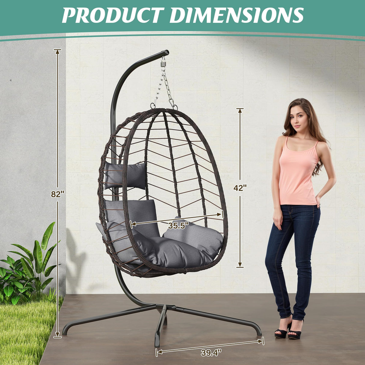 Hanging Egg Chair with Stand, Swinging Egg Chair Outdoor Indoor, Hanging Basket Chair with Cushion, Patio Wicker Hammock Chair 350lbs Capacity for Bedroom, Porch, Balcony, Backyard, Garden (Grey) LEX CRAFT