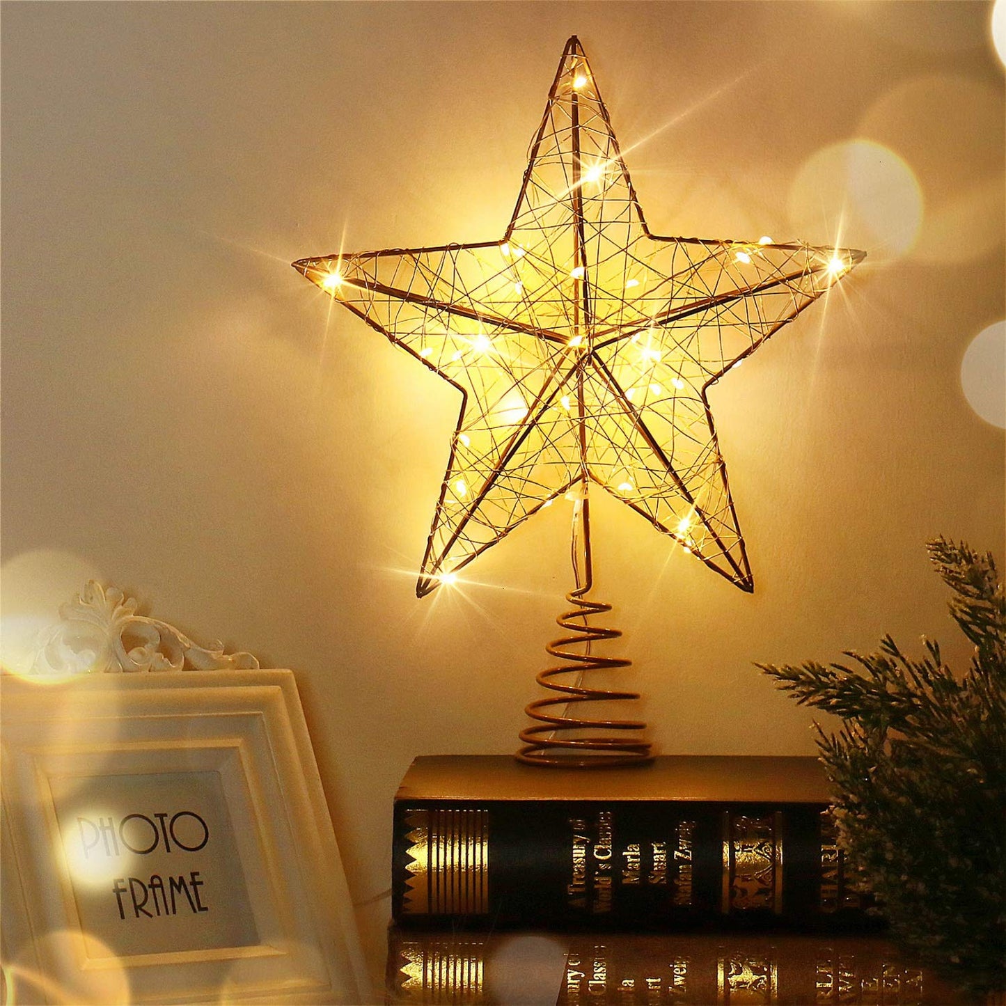 Rocinha Gold Christmas Tree Lighted Wire Topper with 30 LED Lights, 10 Inches