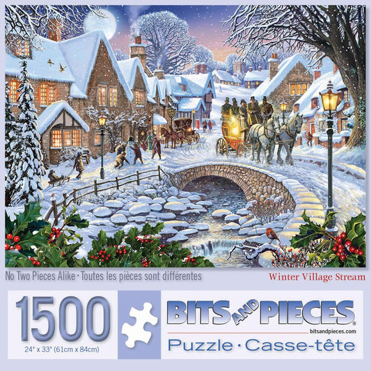 Bits and Pieces – 1500 Piece Jigsaw Puzzle for Adults – Winter Village Stream - Holiday Seasonal Snowy Town Square Cobblestone Bridge Jigsaw Puzzle by Artist Steve Crisp