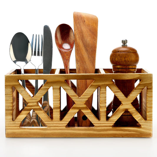 Wooden Cutlery Silverware Holder Flatware Caddy Wood Utensil Holder for Kitchen Counter Decor Small Silverware Organizer Countertop Spoon and Fork Holder Table Utensil Caddy for Party Cutlery Basket