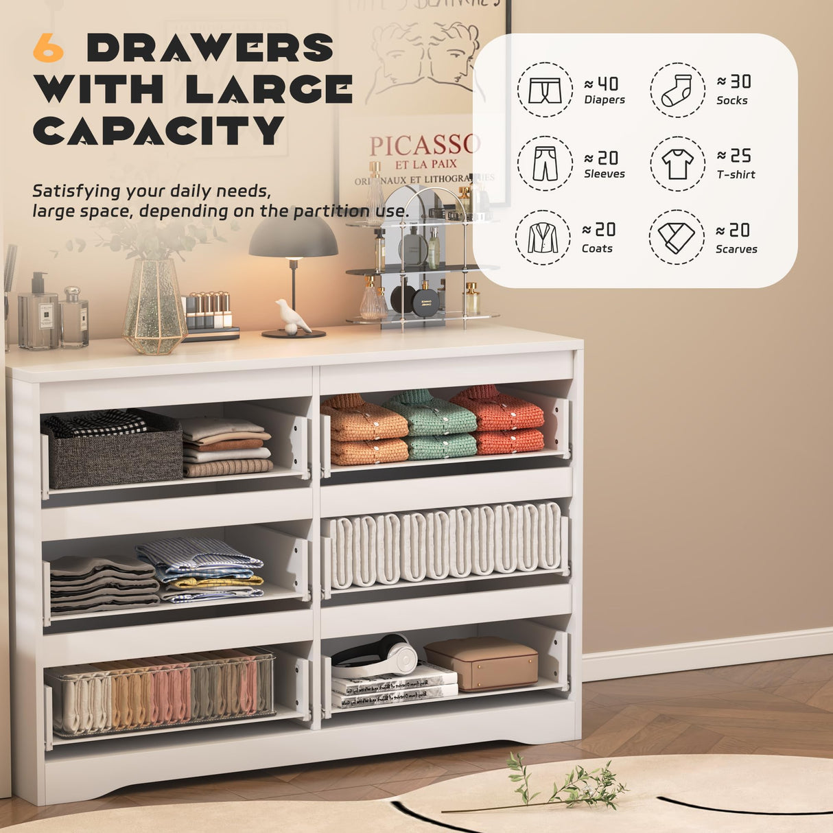 INTERGREAT White Dresser for Bedroom, Modern 6 Drawer Dresser for Closet，Wood Dressers with Deep Drawers for Kids Bedroom,Chest of Drawers for Bedroom,Living Room,Entryway，Nursery INTERGREAT