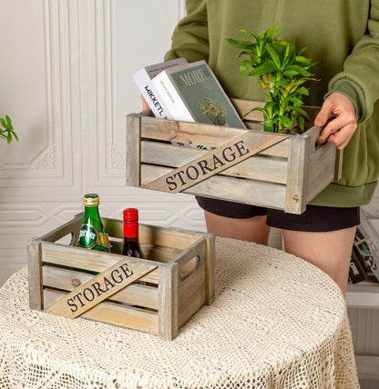 Set of 3 Large Decorative Wooden Crates, Rustic Nesting Storage Wood Crate Boxes with Handles, Farmhouse Stackable Wooden Containers for Display (Rustic Gray)