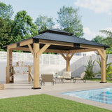 AMERLIFE 13x15 Hardtop Gazebo, Spruce Wood Gazebo with Storage Bar Counter, Outdoor Pavilion with Double Iron Roof, for Patio, Lawns, Garage, Black + Natural Wood AMERLIFE