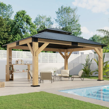 AMERLIFE 13x15 Hardtop Gazebo, Spruce Wood Gazebo with Storage Bar Counter, Outdoor Pavilion with Double Iron Roof, for Patio, Lawns, Garage, Black + Natural Wood AMERLIFE