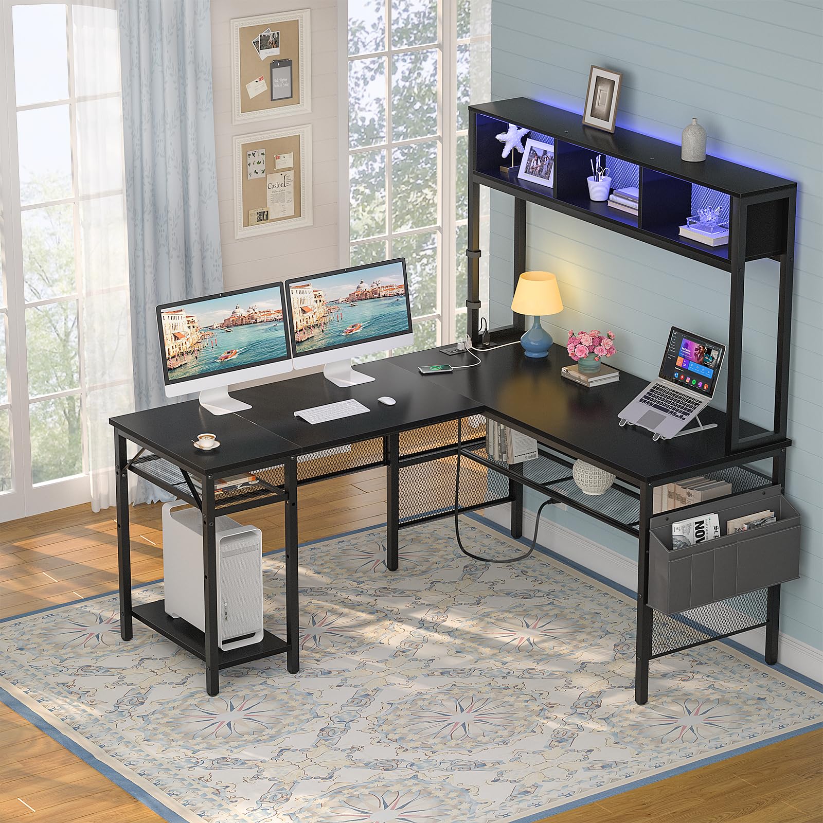 Aheaplus 55 Inch L-Shaped Gaming Desk with LED Lights, Power Outlets, and Ample Storage for Home Office - WoodArtSupply