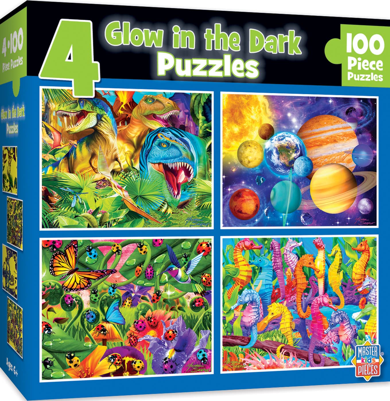 MasterPieces – Jigsaw Puzzle Set for Kids 6+ Years, 4-Pack of 100 Pieces, Educational and Fun Game, Blue Glow in The Dark Collection, Gift Idea for Children, 8" x 10