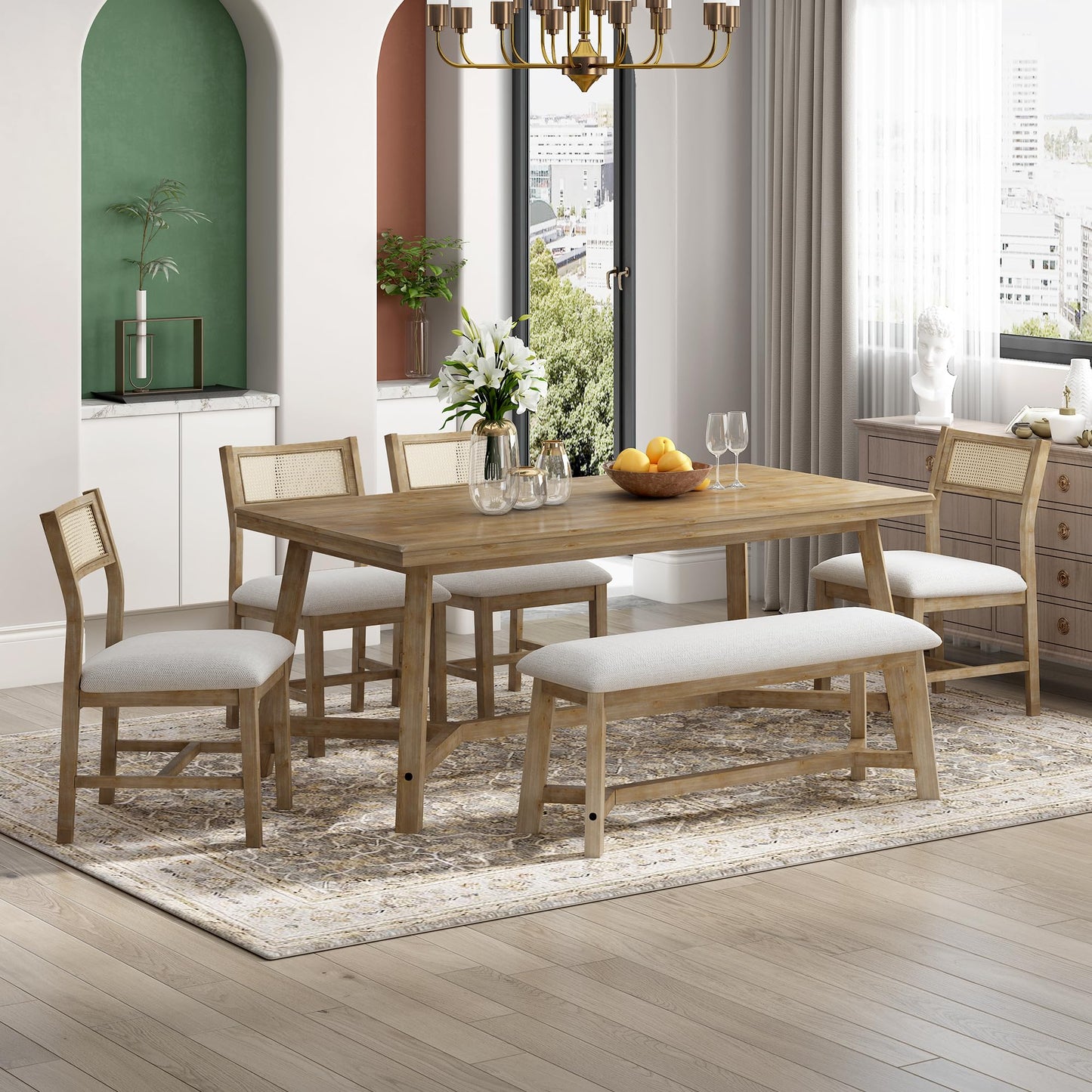 Wood Dining Table Set for 6 with 4 Chair & Bench, 6-Piece Rectangular Kitchen Table Set with 4 Upholstered Chairs & Bench Retro Dining Room Set for Dining Room (Natural Wood Wash)