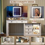 LVSOMT Vanity Desk with Mirror and Lights, Large Farmhouse Makeup Desk with 5 Drawers and Jewelry Storage, 60" Glass Top Dressing Table with Power Outlet & Adjustable Cabinet for Bedroom, White/Brown LVSOMT