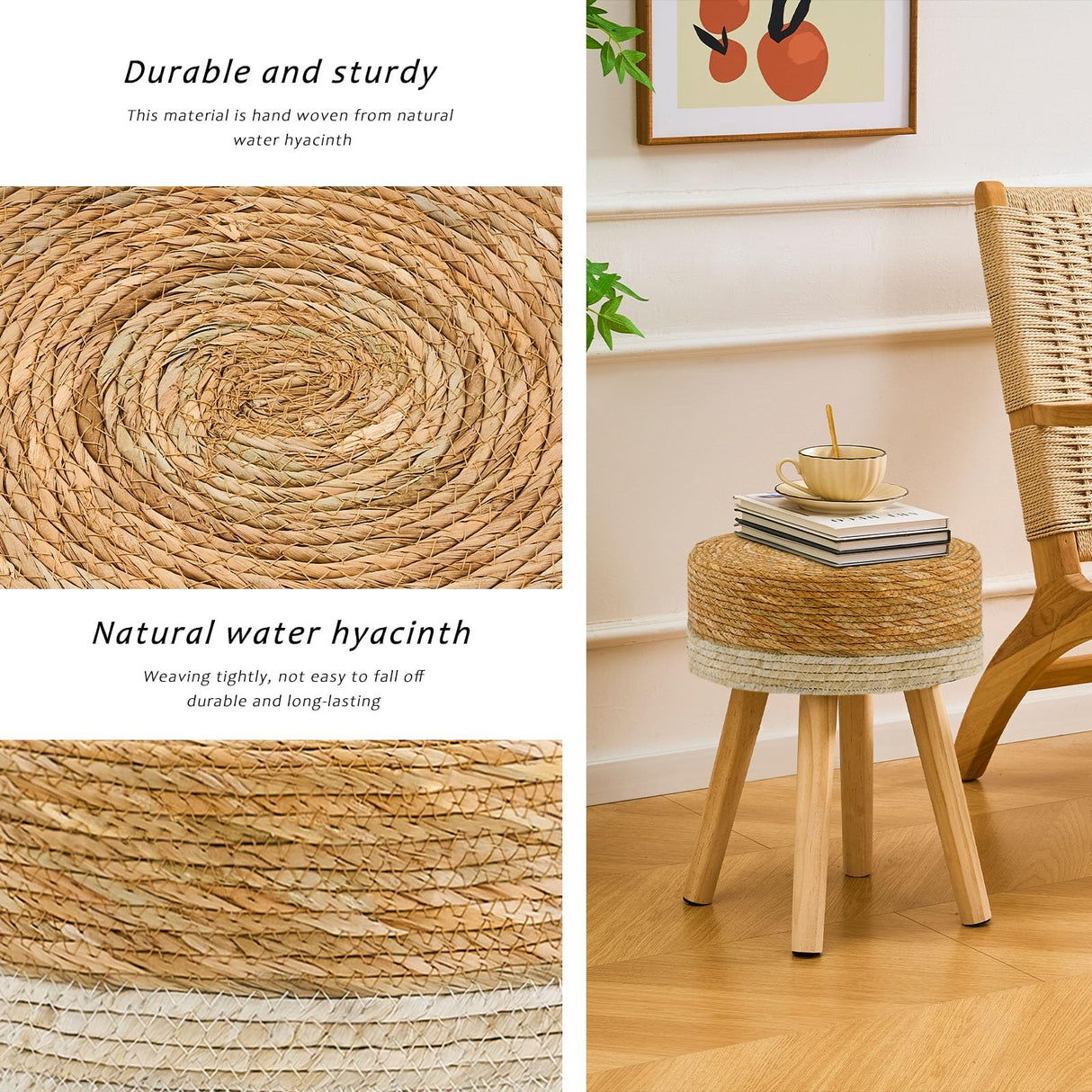 LGENHOOM Handwoven Outdoor Ottoman, Water Hyacinth Pouf Round Patio Footstool with Wood Legs, 17-Inch Multipurpose Vanity Stool, Dining Chair, Patio Footrest for Balcony and Garden, White LGENHOOM