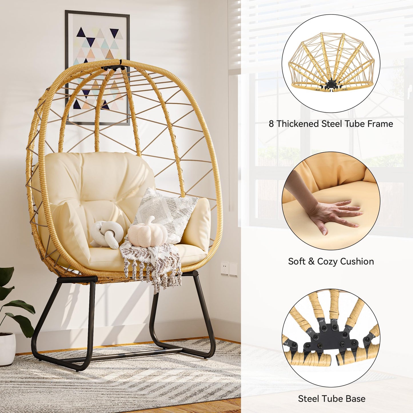 YITAHOME Egg Chair with Stand Outdoor Indoor Egg Lounge Chair with Cushion Wicker Chair PE Rattan Chair Included for Patio, Garden, Backyard, Porch, Beige