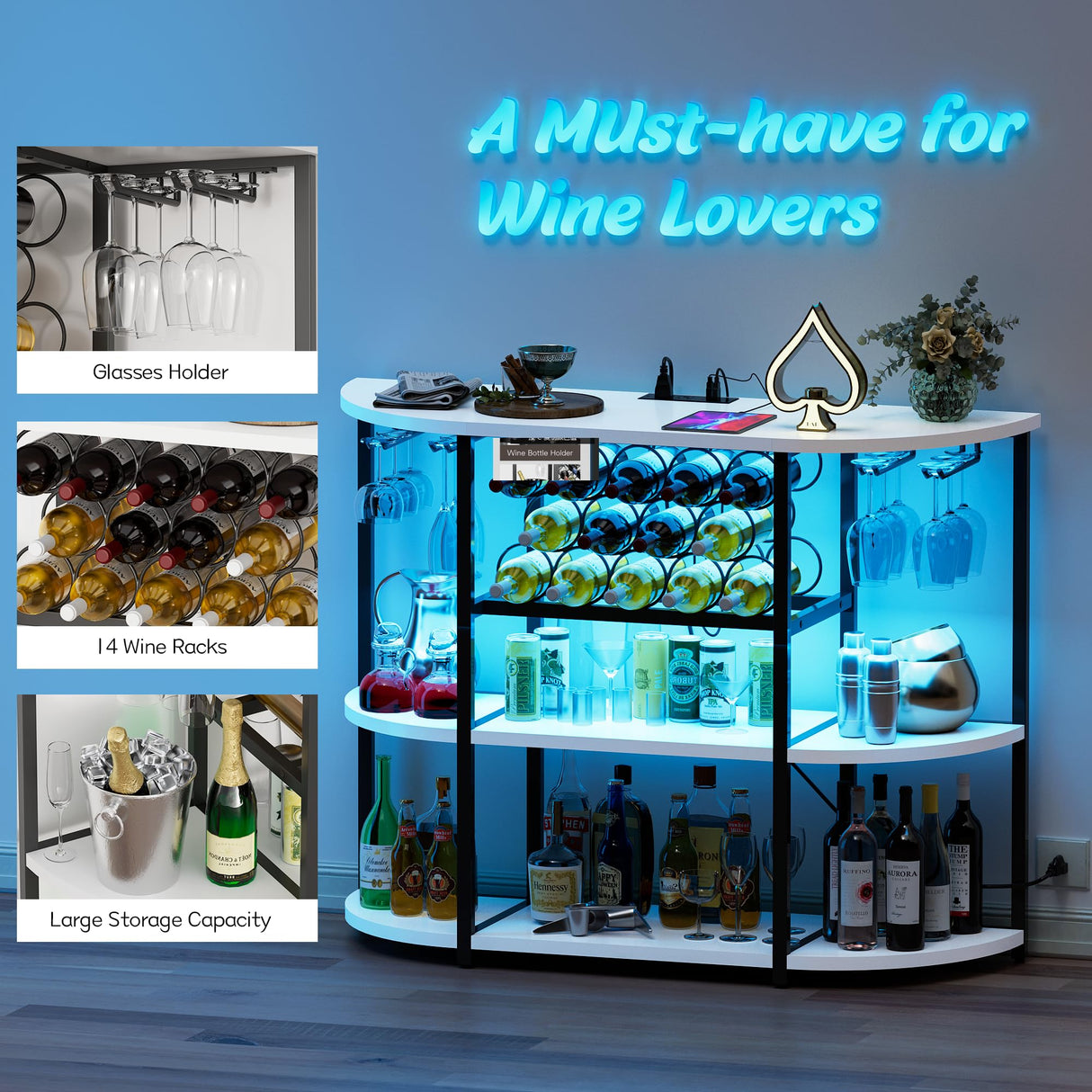 Furmax Wine Bar Cabinet for Liquor Bar Table Bar Cabinet with Lights and Outlet 4-Tier Storage Freestanding Wine Racks with Glass Holder Mini Bars for Home, Bar Furmax