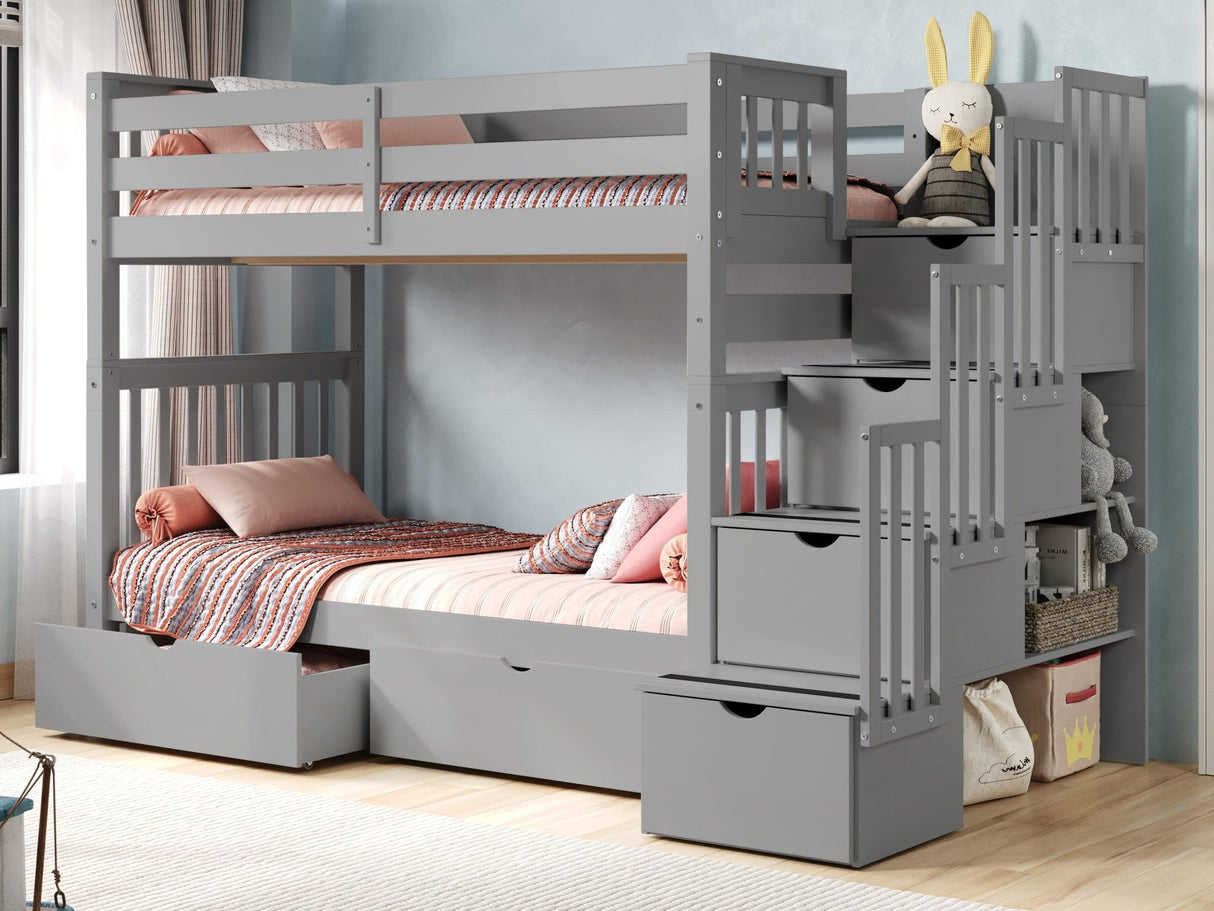 Bedz King Tall Stairway Bunk Beds Twin over Twin with 4 Drawers in the Steps and 2 Under Bed Drawers, Gray Bedz King