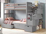 Bedz King Tall Stairway Bunk Beds Twin over Twin with 4 Drawers in the Steps and 2 Under Bed Drawers, Gray Bedz King