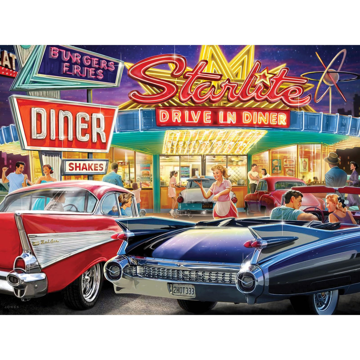 Bits and Pieces – 500 Piece Jigsaw Puzzle for Adults – 50s Starlite Diner - Classic Cars Drive in Jigsaw Puzzle by Larry Jones, Completed Puzzle Size: 18" x 24" Bits and Pieces