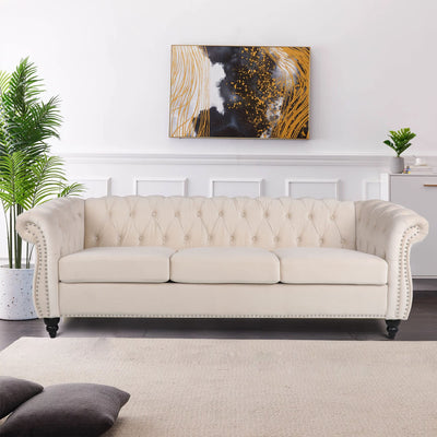 LEVNARY Velvet Chesterfield Sofa, Classic Tufted Upholstered Couch, Modern 3 Seater Couch Long Settee Furniture with Tufted Back for Living Room Office (Beige)