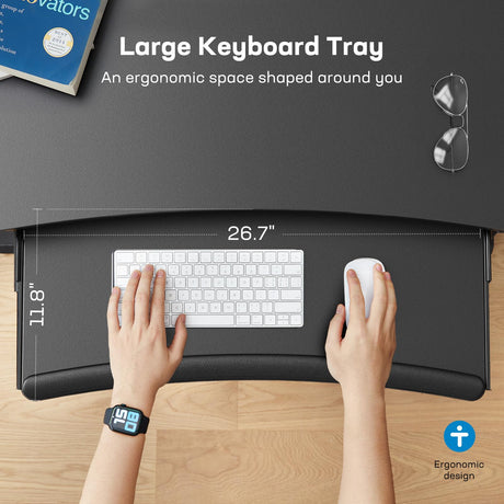 HUANUO 48" x 24" Electric Standing Desk with Large Keyboard Tray(26.7"), Adjustable Height Stand Up Desk for Home Office, 4 Memory Height Settings, 2 Headphone Hooks, Computer Workstation, Black HUANUO
