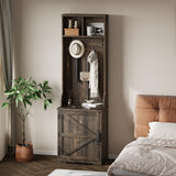 IDEALHOUSE Farmhouse Narrow Coat Rack with Shoe Storage, 23.6" Small Hall Tree with Bench, Entryway Coat Rack with 5 Hooks, 2 Cubbies & 1 Barn Door Cabinet for Entryway, Hallway, Mudroom, White/Brown IDEALHOUSE