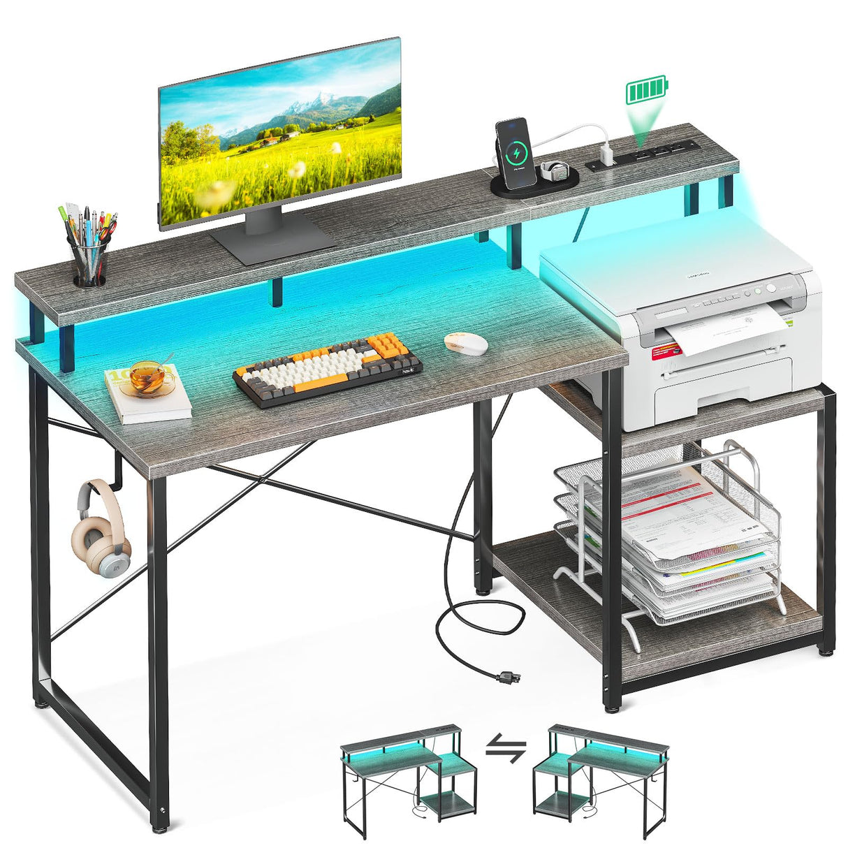 AODK Computer Desk, 48 Inch Gaming Desk with Led Lights & Power Outlet, Office Desk with Printer Storage Shelves, Reversible Desk with Monitor Shelf & Headphone Hook, Grey Oak AODK
