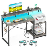 AODK Computer Desk, 48 Inch Gaming Desk with Led Lights & Power Outlet, Office Desk with Printer Storage Shelves, Reversible Desk with Monitor Shelf & Headphone Hook, Grey Oak AODK