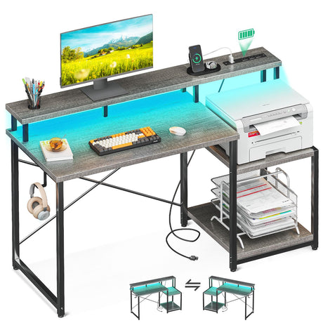 AODK Computer Desk, 48 Inch Gaming Desk with Led Lights & Power Outlet, Office Desk with Printer Storage Shelves, Reversible Desk with Monitor Shelf & Headphone Hook, Grey Oak AODK