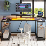 Bestier Gaming Desk with LED Lights & Power Outlets, 63 inch U Shaped Computer Desk with Monitor Stand & Storage Shelves, PC Desk with Cup Holder & Hook for Home Office, Black 3D Carbon Fiber Bestier