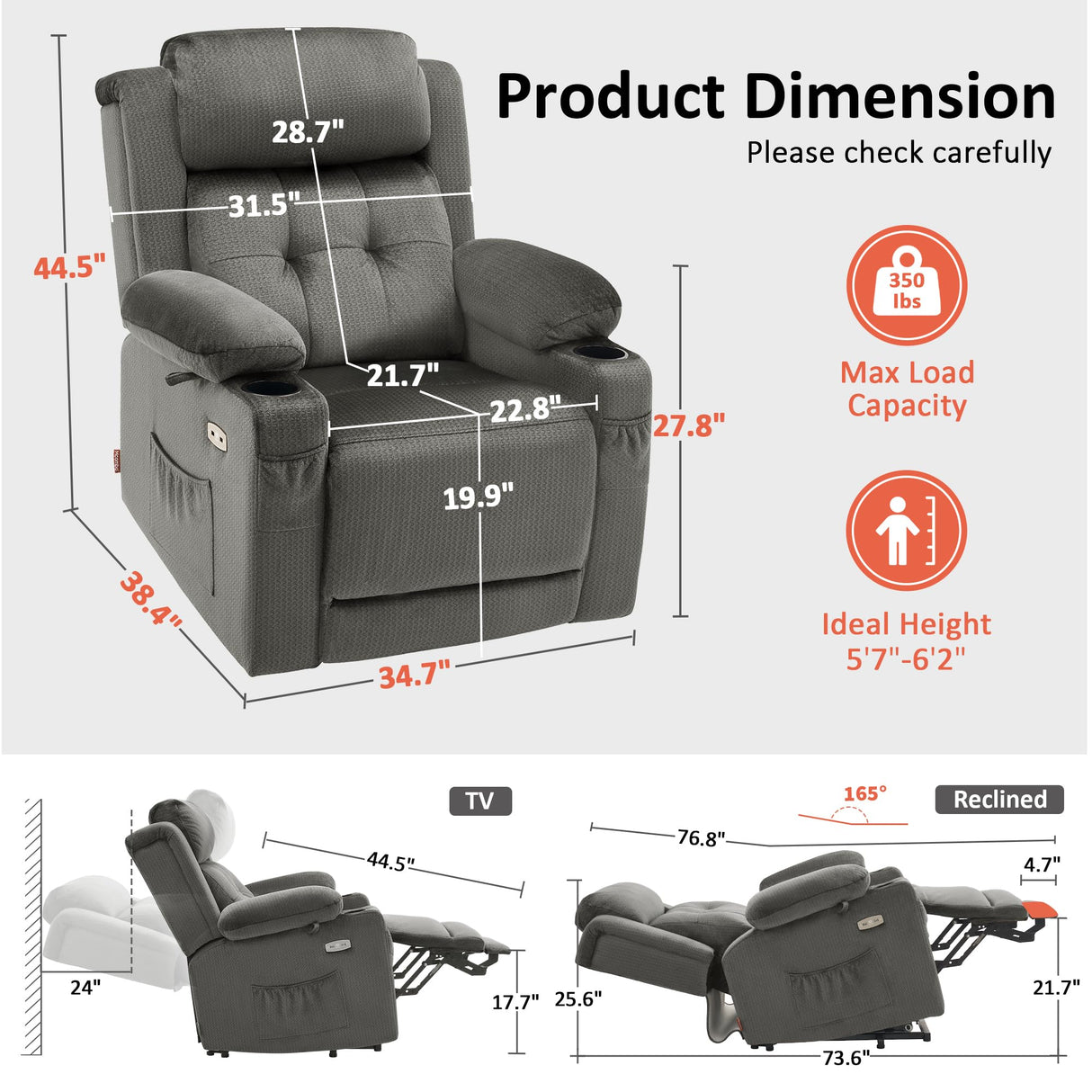 MCombo Large Triple Motor Power Lift Recliner Chair with Massage and Heat for Elderly People, Adjustable Headrest, Infinite Position, USB Ports, Fabric 7662 (Grey, Large) MCombo
