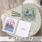 Beautiful Adult Coloring Book Set of 2 for Relaxation - Inspirational Adventures and Landmarks Scenery For the Spirit of Wanderlust - Perfect Stress-Relieving Gift for Women ZICOTO
