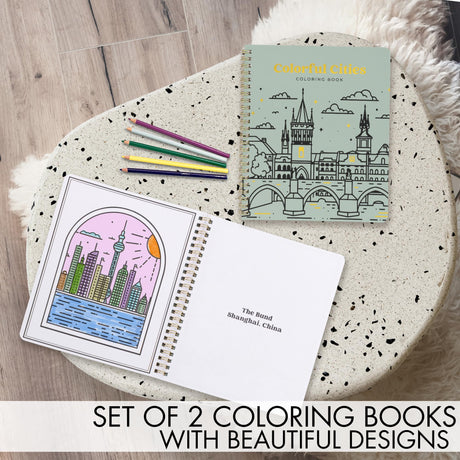 Beautiful Adult Coloring Book Set of 2 for Relaxation - Inspirational Adventures and Landmarks Scenery For the Spirit of Wanderlust - Perfect Stress-Relieving Gift for Women ZICOTO