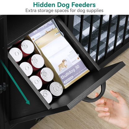 YITAHOME Dog Crate Furniture with Feeder Bowls, 55" Large Breed Dog Kennel with Storage Drawer, Heavy Duty Dog House TV Stand Indoor for Medium Dogs, Black