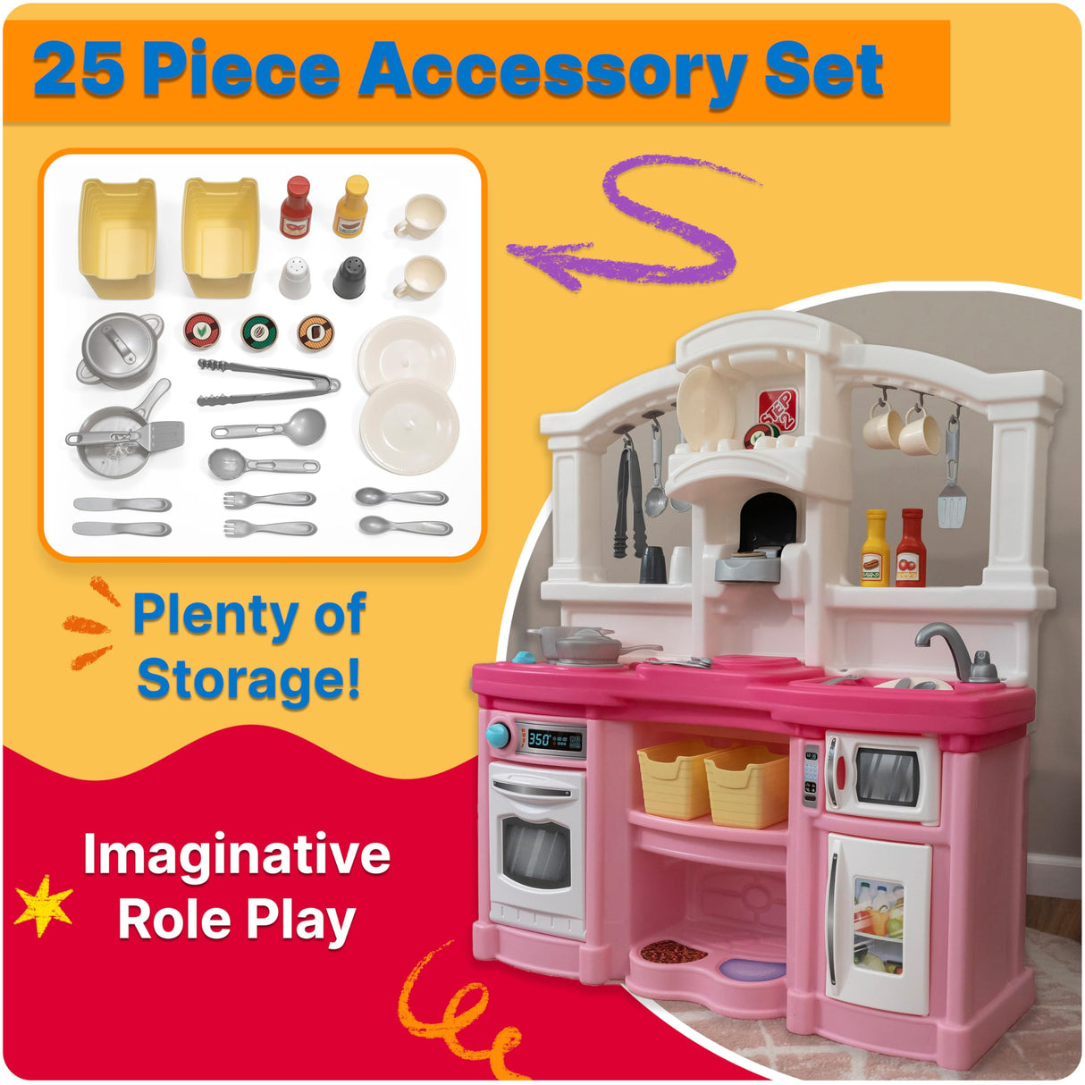 Step2 Fun with Friends Kids Kitchen Playset, Indoor/Outdoor Kitchenette, Interactive Play with Lights and Sounds, Durable Plastic, Includes 25 Piece Toy Accessories, Toddlers 2+ Years Old, Pink Step2