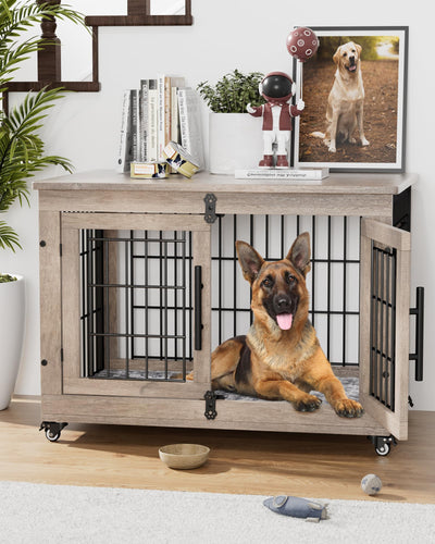 YaFiti Dog Crate Furniture with Cushion, Wooden Dog Kennel with Double Doors, Heavy Duty Dog Cage End Table with Wheels, Dog House Indoor for Small Medium Dogs up to 45 lb, 32.5” L, Grey