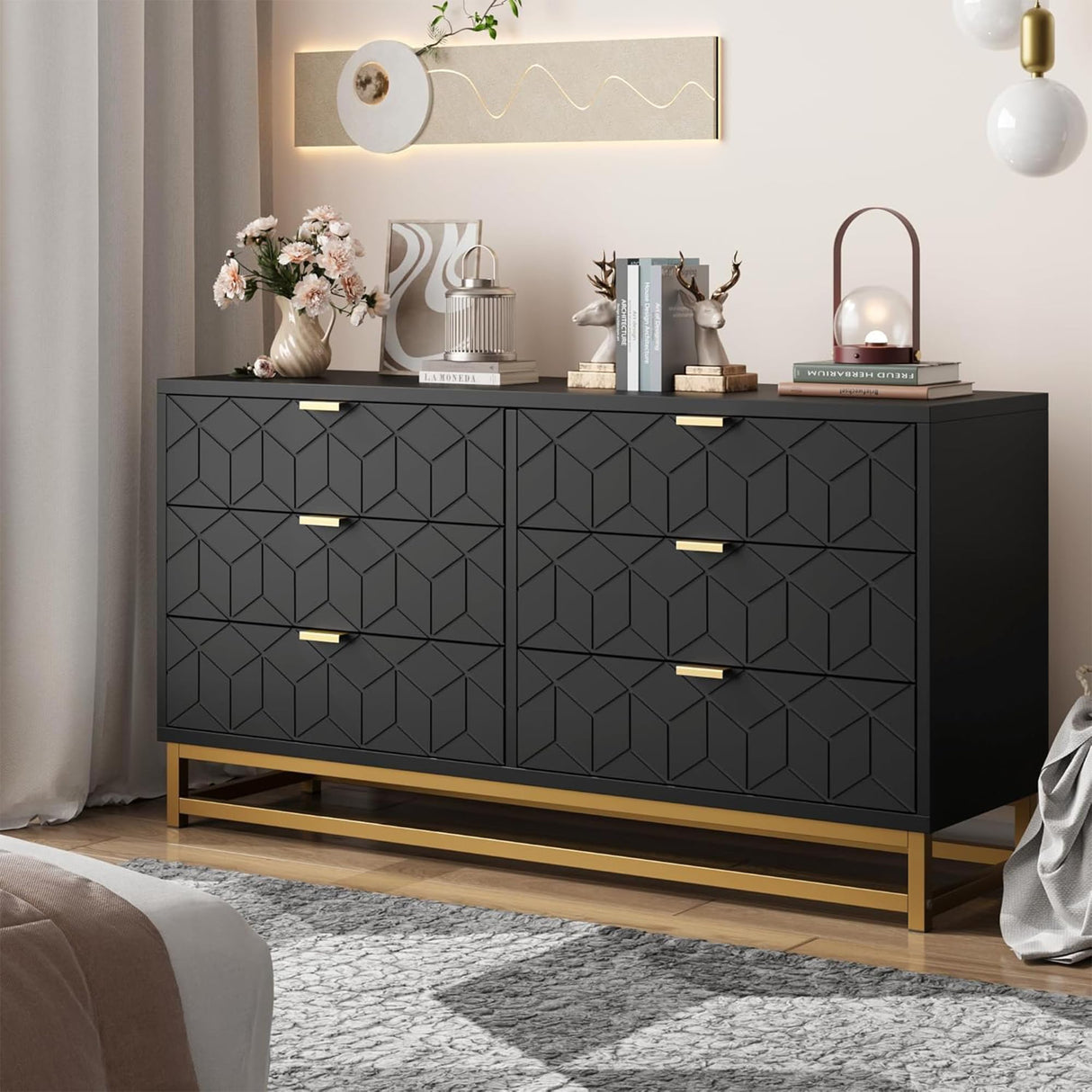 Dresser for Bedroom, 53.5" Large Dresser Organizer, 6 Drawer with Golden Metal Handle and Legs, Modern Chest of Drawers, Black Dressers with Drawers for Closet, Hallway, Living Room, Entryway GAOMON