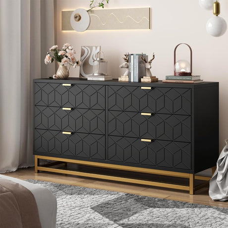 Dresser for Bedroom, 53.5" Large Dresser Organizer, 6 Drawer with Golden Metal Handle and Legs, Modern Chest of Drawers, Black Dressers with Drawers for Closet, Hallway, Living Room, Entryway GAOMON