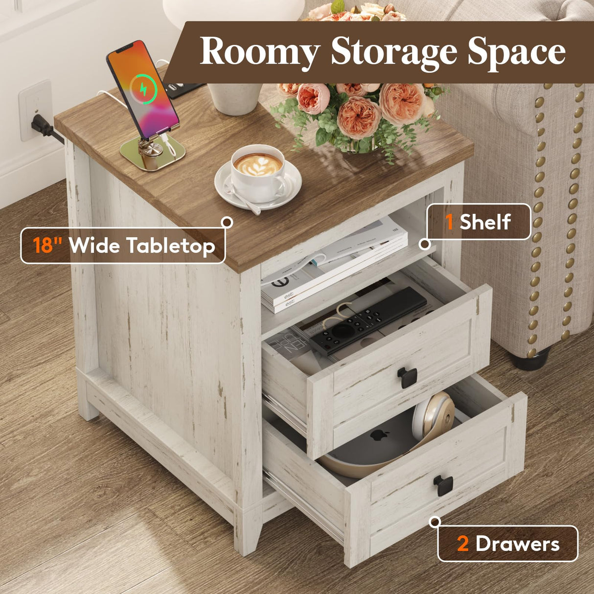 Lifewit Farmhouse Nightstand with Power Outlets and USB Ports, Bedside Table with 2 Drawers and 1 Open Storage Space, Side Table, End Table, Night Stand for Bedroom, Rustic White Lifewit