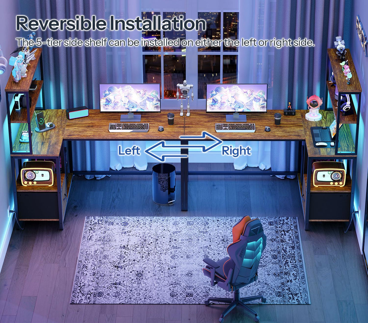 HOOBRO L Shaped Gaming Desk, Reversible Computer Desk with LED Light & Power Outlet, Corner Desk with Storage Shelves & Drawer, for Home Office, Study, Rustic Brown and Black BF18UDDN01 HOOBRO