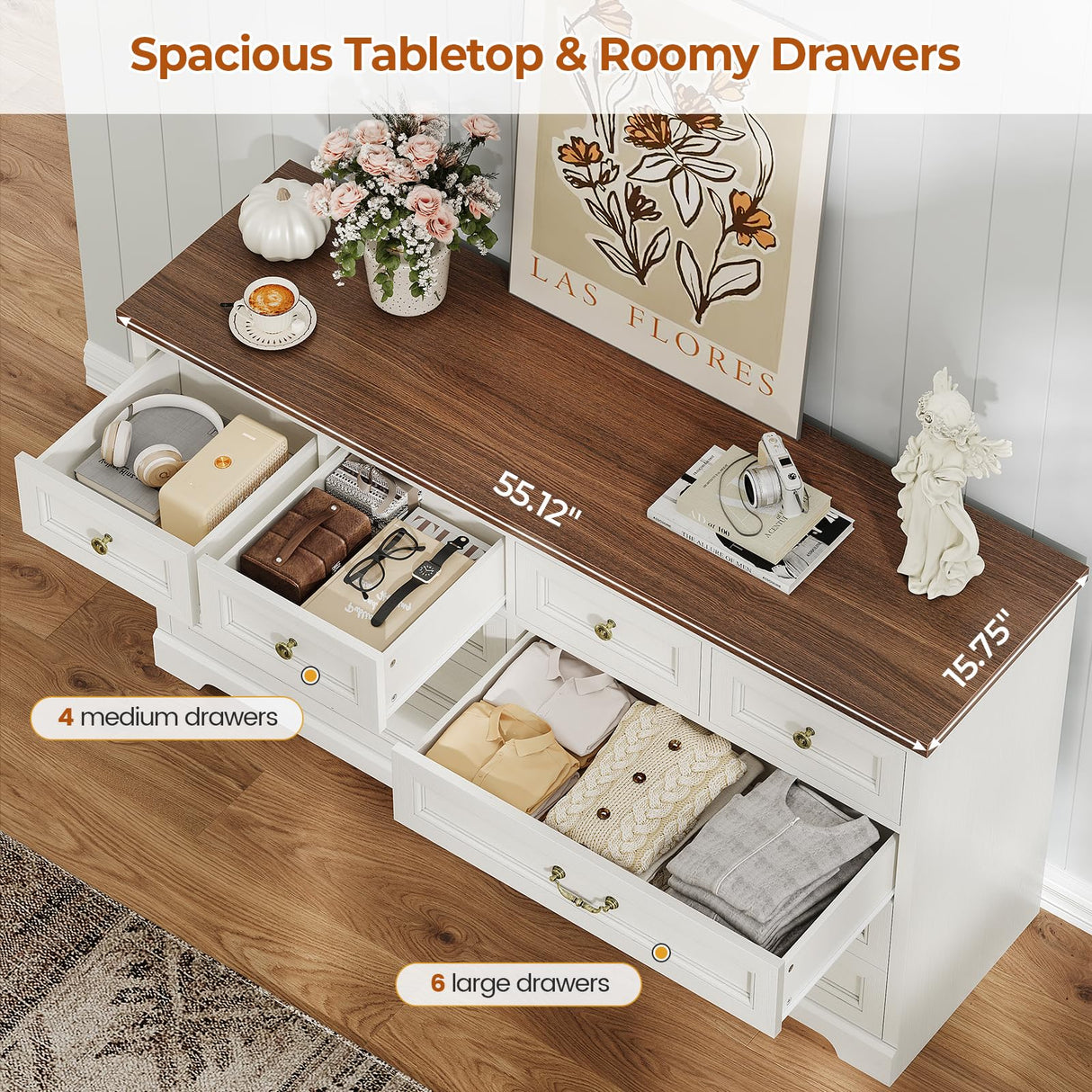 DICTAC 10 Drawers Dresser for Bedroom,55" Wide Farmhouse Dresser with Natural Texture and Vintage Metal Handles, Rustic Wood Chest of Drawers for Bedroom, Living Room, Hallway,White DICTAC