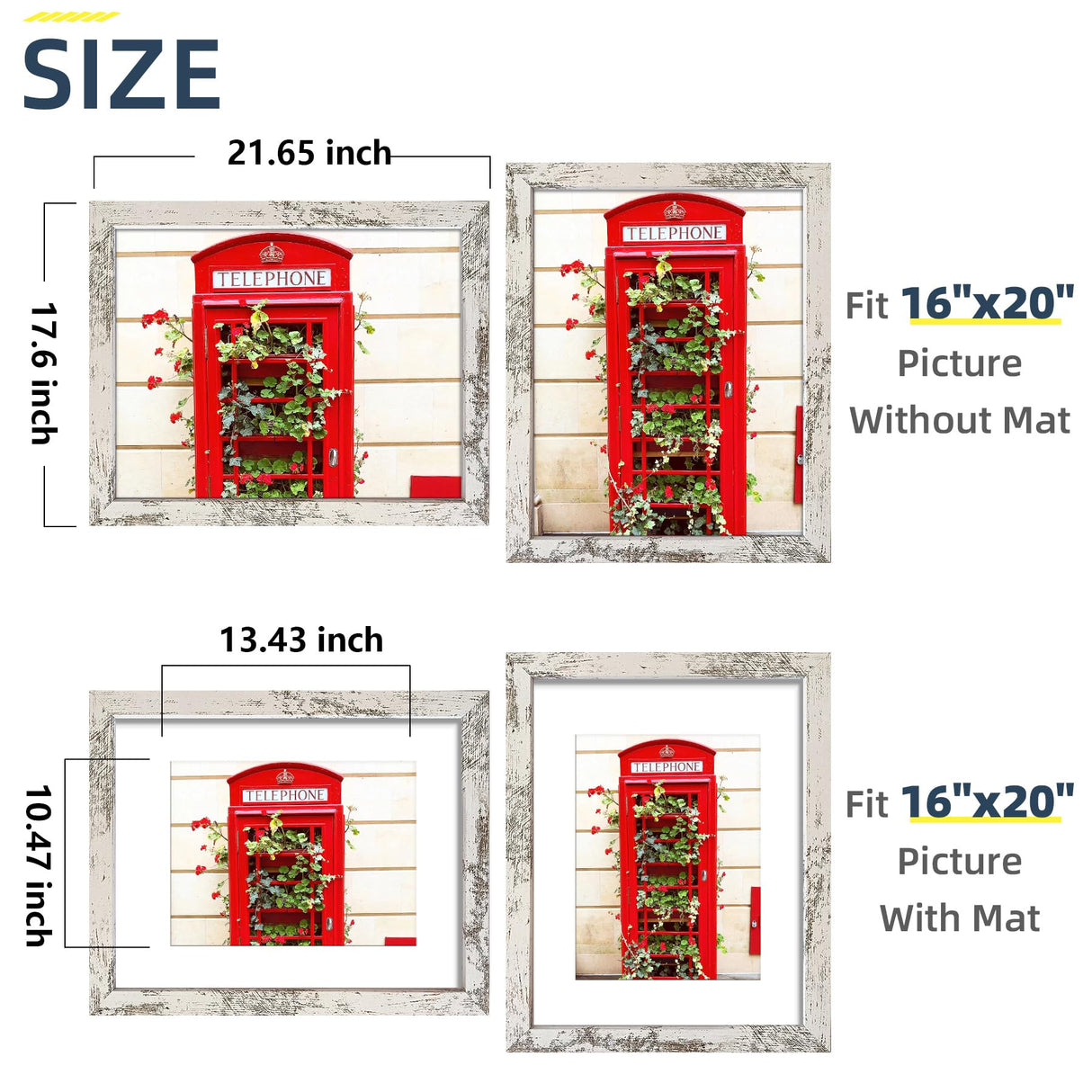 SESEAT 16x20 Picture Frames Distressed White, Display Pictures 11x14 with Mat or 16x20 without Mat, Photo Frames Wall Gallery, 1 Pack SESEAT