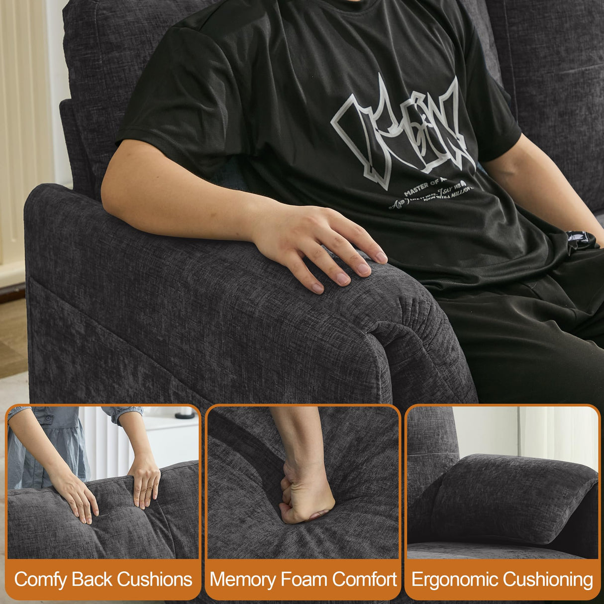 WUTUTUEE 65" Chenille Loveseat Sofa, Modern 2-Seater Love Seat Couch with Armrest Pillows, Storage Pockets, Easy Assembly, Upholstered Tufted Loveseat Couches for Living Room Bedroom, Dark Grey WUTUTUEE